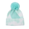 Detail of the tie-dye knit beanie texture and fluffy faux fur pompom in mint green - Adult One Size / Light Green Tie-dye