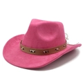 Hot pink suede western cowboy hat with leopard print leather band on white background - M (56-59cm) / Rose Red Faux Suede
