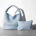 Ice blue woven leather hobo bucket bag with matching inner pouch and minimalist handle - Sky Blue