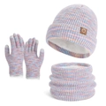 Winter 3-piece set with pompom hat, scarf, and touch gloves in colorful knit - Purple / 3-Piece Set (Hat + Scarf + Gloves)