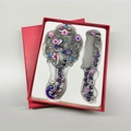 Vintage peacock mirror and comb set with colorful enamel in a red gift box - Long Tail Single Peacock (No. 5) / Antique Pewter