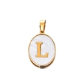 Detailed view of an oval L-letter pendant with golden frame and pearl white inlay - Gold Letter L