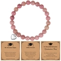 Pink natural agate beaded bracelet with silver heart pendant and graduation gift cards - Red Wood Grain Stone (Adventure Begins)