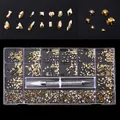 Set de pedrería para uñas color oro mina con 21 compartimentos y lápiz punteador - Oro Mineral (350 Grande, 3480 Pequeño)