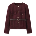 Women's burgundy faux suede jacket with slim belt and gold buttons on white background - XS / Burgundy