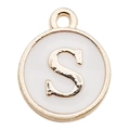Golden round alphabet charm with white enamel and letter S for DIY jewelry making - Letter S / 1 Piece (12x14mm) / White