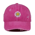 Detail of rose red distressed cotton baseball cap with white daisy embroidery - One Size / Rose Red