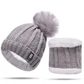 Winter knitted hat and neck warmer set in grey with faux fur pompom and fleece lining - One Size / Gray