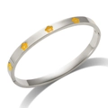 Silver stainless steel oval bangle with yellow floral patterns and hinge clasp - Steel Color + Yellow Enamel Flower