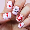 Short square glossy press-on nails with pink stripes, red hearts and BE MINE design - Valentine Heart Stripe Style (CW850)