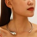 Polished silver oversized water-drop earrings and matching open neck cuff set - Large Earrings + Choker (54) / Two-Piece Set / Bright Silver