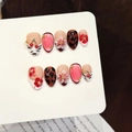 Uñas postizas artesanales rosa y marrón con diseños de cereza, leopardo y flores - Extra Pequeño (XS) / Rosa Marrón Cereza Floral (2849-Short Almond)