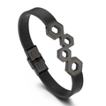 Bracciale in pelle nera con dettagli esagonali in acciaio inossidabile e chiusura - 19cm / Nero