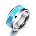 Polished 8mm silver stainless steel ring with turquoise inlay shown from a 45-degree angle - US 5 / Silver