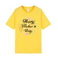 Detail of Happy Mother's Day floral print on a yellow short-sleeve cotton T-shirt - Yellow 318