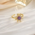 Macro detail of gold sunburst ring with purple opal and small clear zircons stones - JZ0101A-Gold Purple Opal Starburst