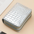 Silver crocodile pattern leather card holder with double golden zippers for women - Silver