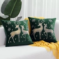 Dark green velvet pillow covers with gold embroidered deer and snowflake patterns - Embroidered Gold Reindeer Dark Green Base/Dark Green