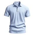 Men's light blue short sleeve linen polo shirt with slub texture and three-button collar - Light Blue
