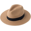 Classic khaki straw fedora with black ribbon band and wide brim for summer sun protection - One Size / Tan