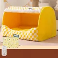 Heated pet bed in yellow plaid plush with a heating pad and temperature controller - S (35*30*30cm) / Pet Bed + 3-Speed Heating Pad / Bright yellow