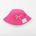 Rose red kids bucket hat with white lace trim and pearl bow detail on white background - CM8005 Pearl Lace Series / Rose Red