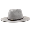 Detail of grey straw hat featuring a dark brown woven leather band and metal logo buckle - 56-58cm / Gray