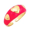 Adjustable gold plated copper ring with bright pink enamel and embossed heart patterns - Rose - Embossed Heart