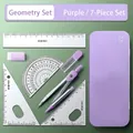 7-piece purple math geometry set with compass and ruler in a metal storage box - Iron Box No Window Purple Set