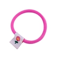 Detail of a pink elastic hair tie with a white fabric label featuring red flower embroidery - 4# Pink Elastic Hair Tie