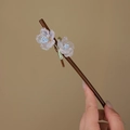 Bamboo style wood hair stick with translucent blue glass flowers for traditional bun hair - Handmade Blue Stamen (S411)