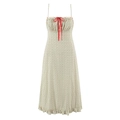 Florales Spaghettiträger-Kleid in Creme mit roter Schleife und Rüschensaum auf weißem Grund - S / Gebrochenes Weiß