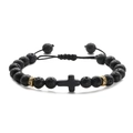 Natural lava stone beaded bracelet with cross charm and adjustable woven cord - Volcano