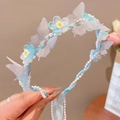 Blue flower crown headband with mesh butterflies and white faux pearls for girls - Blue Flower Butterfly Fairy