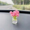Pink artificial flower in glass bottle ornament with Good Luck label for car dashboard - Light Rose Red Gypsophila