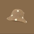 Brown handmade straw bucket hat featuring delicate white daisy flower decorations - L (58-60cm) / Small Flowers Decor Khaki