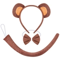 Brown plush monkey ears headband with matching bowtie and long tail 3-piece set - Brown Monkey 3-Piece Set (Clip Tail)