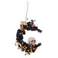 Macro detail of crescent moon wreath with black roses, orange berries, and a skull - Skull Black Roses Moon Wreath