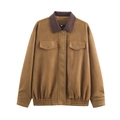 Frans retro jasje van imitatiesuède met donkerbruine corduroy kraag en klepzakken - XS / Bruin