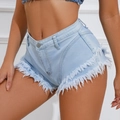 Pantaloncini di jeans a vita alta blu chiaro con orlo a taglio vivo e dettagli sfrangiati - S / Azzurro