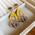 Vintage resin oval drop earrings with silver needle and gray crystal pendants - Gold Grey Vintage Style