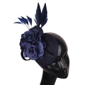 Navy blue fascinator hat with feathers, fabric roses and elegant mesh on round base - Navy Blue