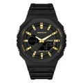 Black dual-display waterproof sports watch with gold-tone markers and octagonal bezel - Black Gold