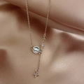 Minimalist planet pendant necklace in rose gold with iridescent stone and tassels - X1016 Gold Starry Sky Saturn Moonstone Necklace