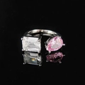 Silver ring featuring a clear emerald-cut stone and a pink pear-shaped gemstone - Waterdrop Stone Pink Ljz-190 / Adjustable Open