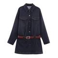 Donkerblauwe denim jurk met korte mouwen en rode tailleband met metalen knopen - XS / Donkerblauw