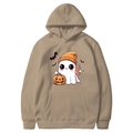 Khaki Halloween hoodie featuring a white ghost with orange hat and pumpkin cartoon design - Camel