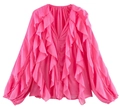 Detail of rose pink chiffon shirt featuring layered ruffles and V-neckline button closure - XS / Rose Red