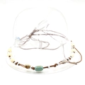 Close-up of bohemian hat band with wood beads, seashells, and turquoise accents - 38 Shell Wood Bead Chain