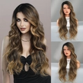 Long wavy ombre brown to gold synthetic lace front wig shown on model and mannequin - 70cm / Red Brown Ombre Root Dye